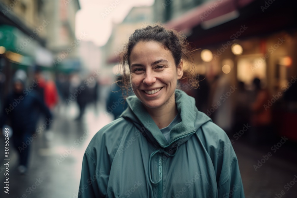 Fototapeta premium Group portrait photography of a satisfied woman in her 30s wearing a comfortable tracksuit against a bustling market or street scene background. Generative AI