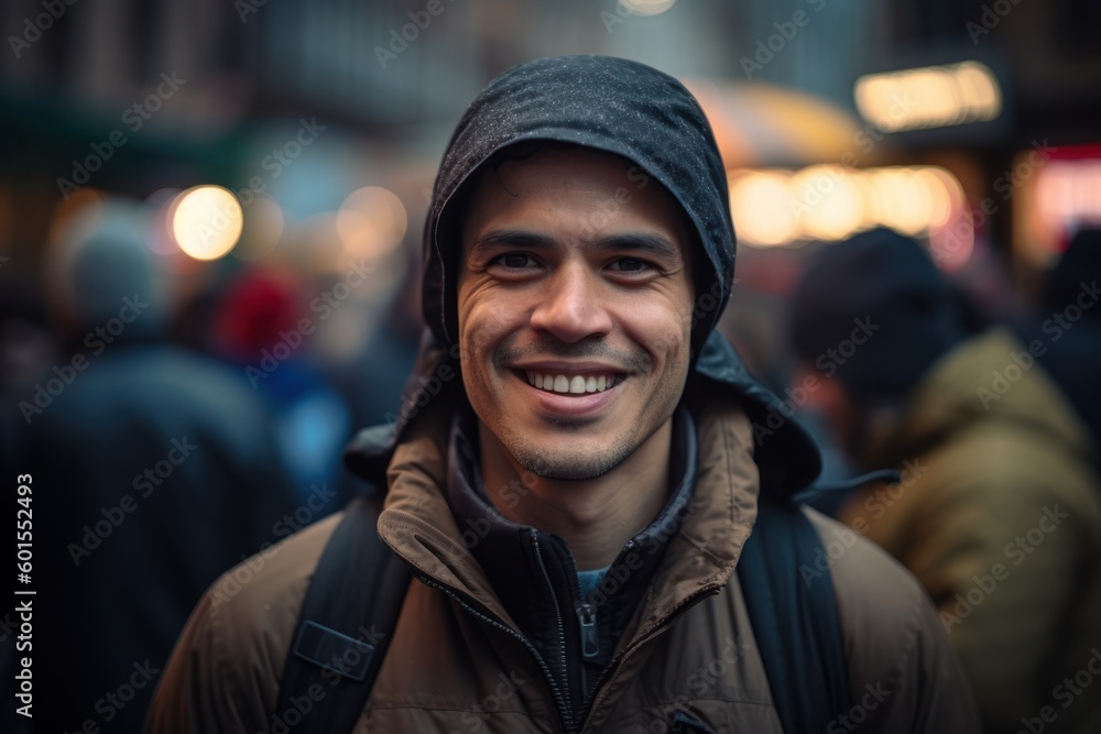 Portrait of a smiling young man with hood on his head in the city