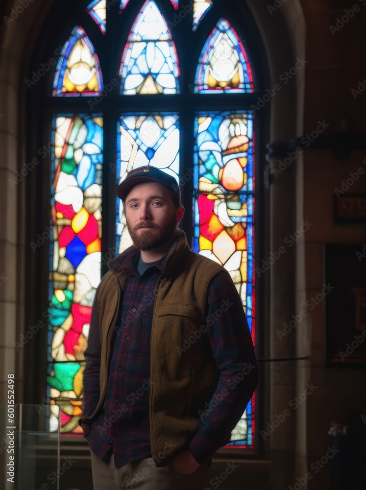 Portrait of a handsome young man in a plaid shirt and cap standing in front of a stained glass window