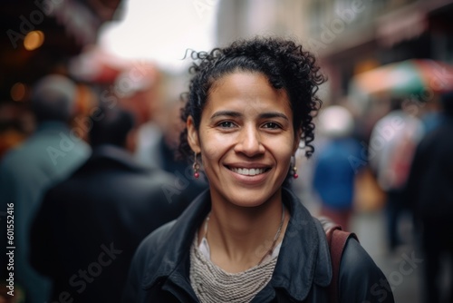 Portrait of a smiling young woman with curly hair in the city
