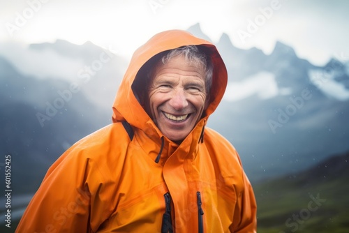 Portrait of a man in a raincoat on the background of mountains
