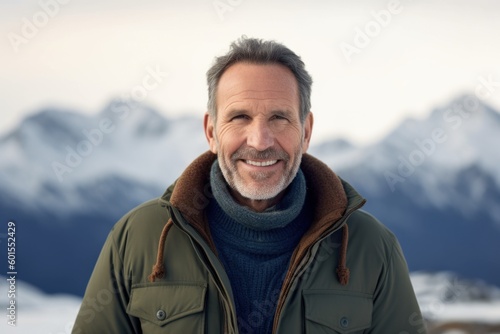 Portrait of senior man smiling at camera while standing against snowy mountains