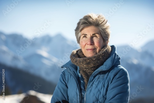 Portrait of a senior woman standing in front of snow covered mountains