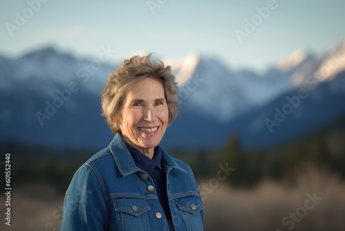 Portrait of a beautiful senior woman smiling at the camera with mountains in the background