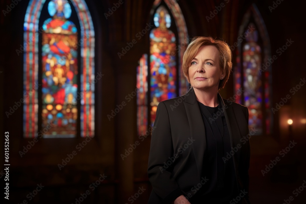 Portrait of a beautiful mature woman standing in front of a church stained glass window.