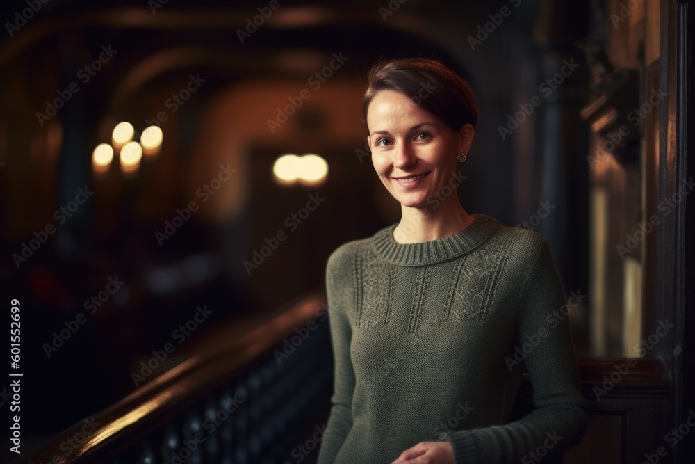 Portrait of a beautiful young woman standing in the interior of a restaurant Portrait of a beautiful young woman standing in the interior of a restaurant
