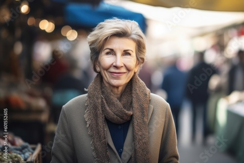 Portrait of smiling mature woman in coat at market. Focus on woman