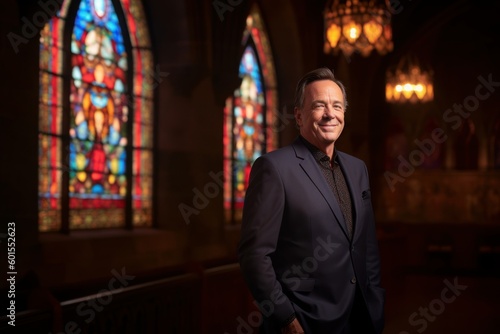 Portrait of a handsome mature man standing in front of a church stained glass window
