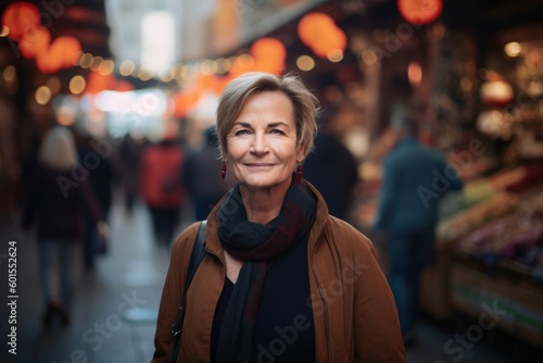 Portrait of a beautiful mature woman walking in the street at Christmas time