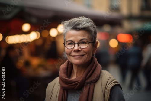 Portrait of happy senior woman with eyeglasses in city street
