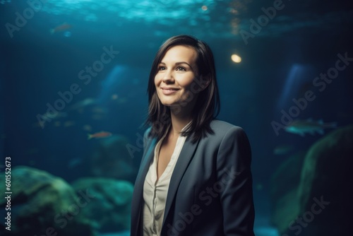 Medium shot portrait photography of a grinning woman in her 30s wearing a classic blazer against an aquarium or underwater background. Generative AI