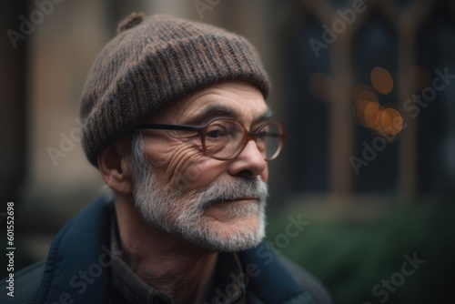 Portrait of a senior man with grey beard and glasses on the street