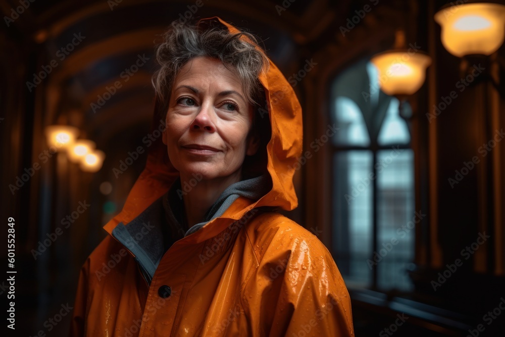 Portrait of a senior woman in raincoat in the city.