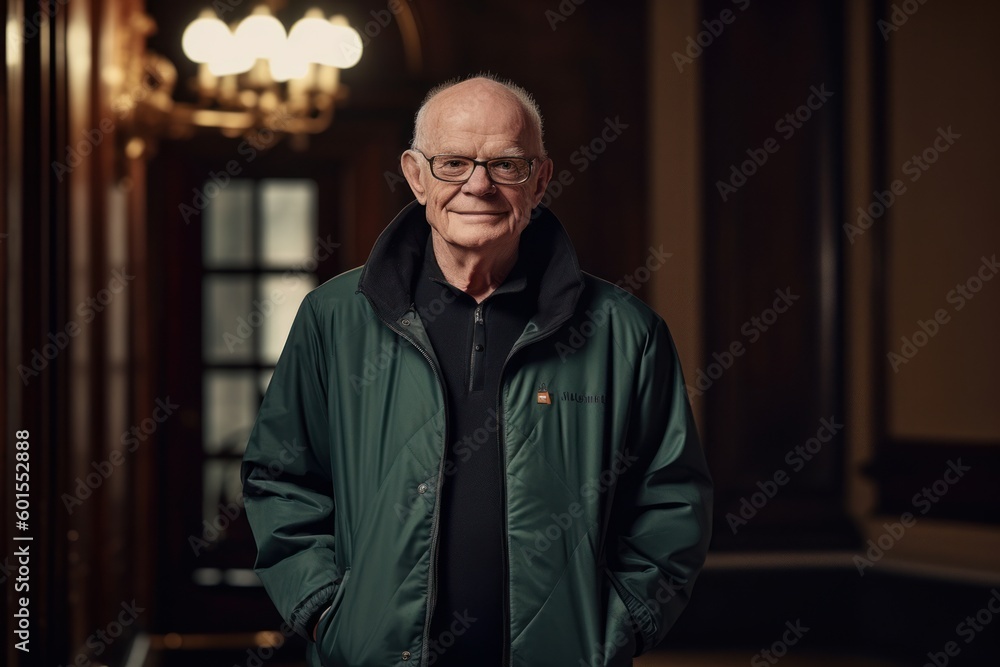Portrait of a smiling senior man in a green jacket and glasses. Portrait of a smiling senior man in a green jacket and glasses.