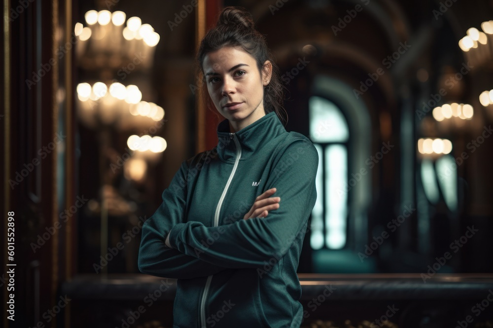 Fototapeta premium Portrait of a beautiful young woman in green sportswear.