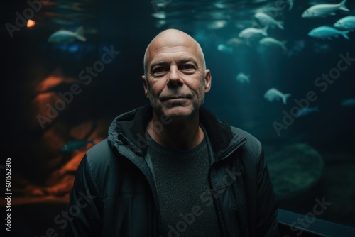 Portrait of a bald man in an aquarium. A man looks at the camera.