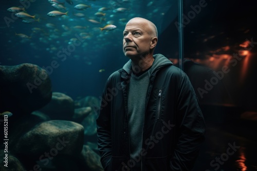 Portrait of a bald man looking at the camera in an aquarium