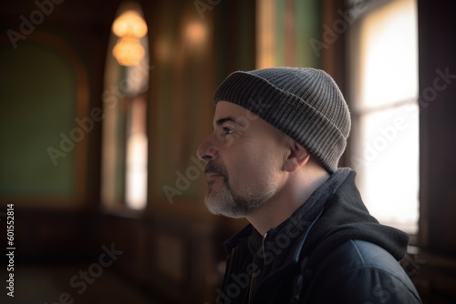 Portrait of a handsome young man in a hat and jacket looking away. © Leon Waltz