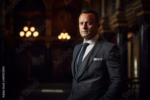 Portrait of a handsome mature man in a business suit standing in a church.