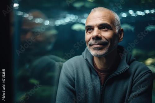 Portrait of a smiling senior man looking at the camera in an aquarium