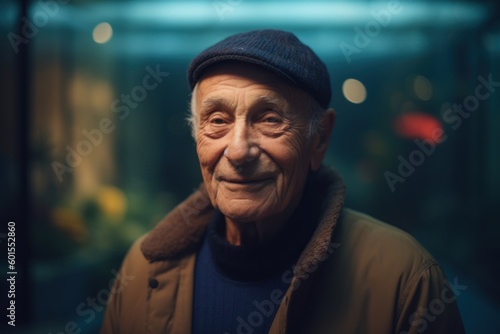 Portrait of an elderly man on a background of the night city