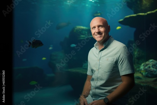Portrait of a smiling man standing in front of a large aquarium