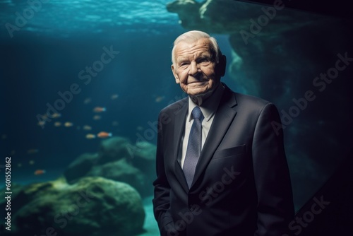 Portrait of a senior man looking at the camera while standing in an aquarium