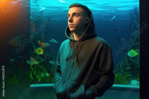 Portrait of a young man in a hoodie in an aquarium.
