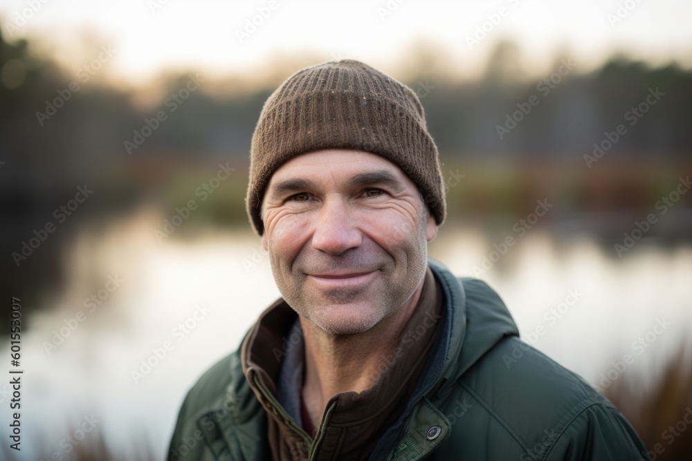 Portrait of a smiling middle-aged man in a knitted hat and jacket Portrait of a smiling middle-aged man in a knitted hat and jacket