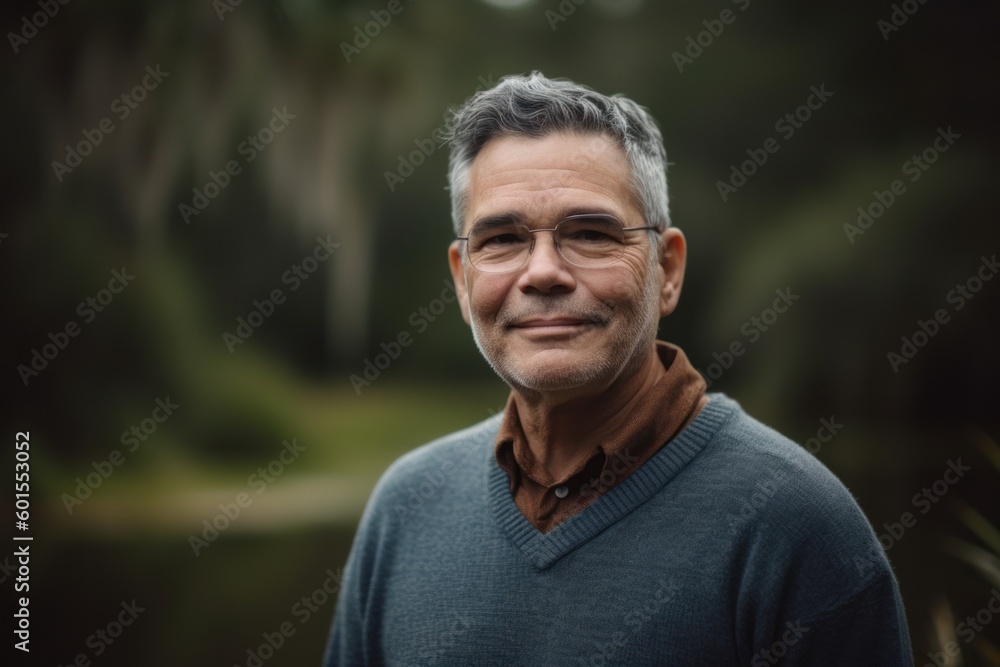 Portrait of a smiling senior man standing by the lake in the forest Portrait of a smiling senior man standing by the lake in the forest