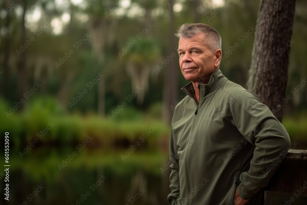 Portrait of a senior man standing by the lake in the park