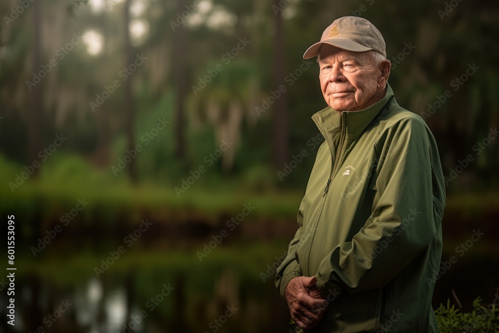 Portrait of happy senior man standing by the river and looking at camera