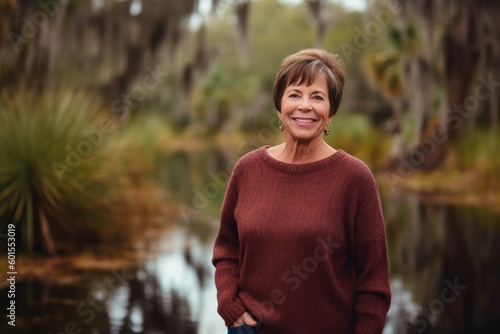 Medium shot portrait photography of a grinning woman in her 50s wearing a cozy sweater against a swampy or bayou background. Generative AI