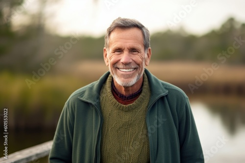 Portrait of a smiling senior man standing by the lake in the park