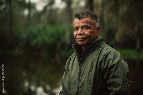 Portrait of mature Asian man in raincoat standing by the river.