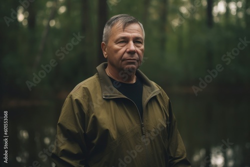 Portrait of a man in a raincoat in the forest.