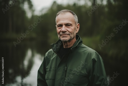 Portrait of a senior man in a raincoat on the river bank