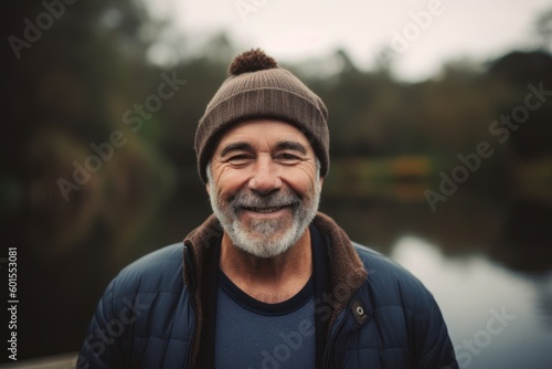 Portrait of senior man with grey beard and hat standing by the lake.