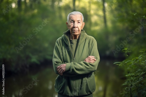Senior man standing with his arms folded in front of a river.
