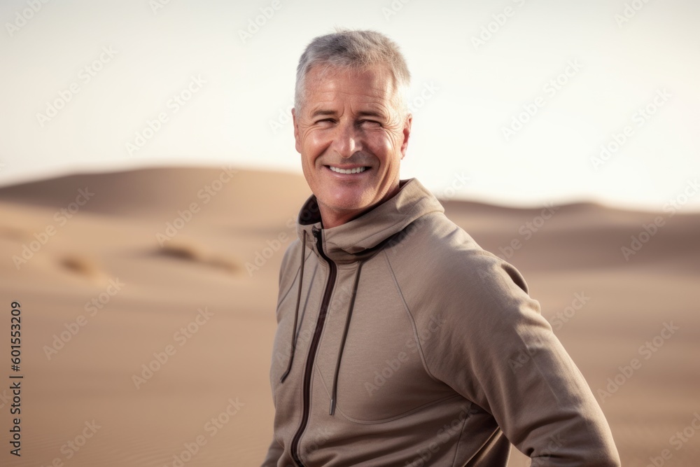 Portrait of happy senior man standing in sand dunes at sunset Portrait of happy senior man standing in sand dunes at sunset