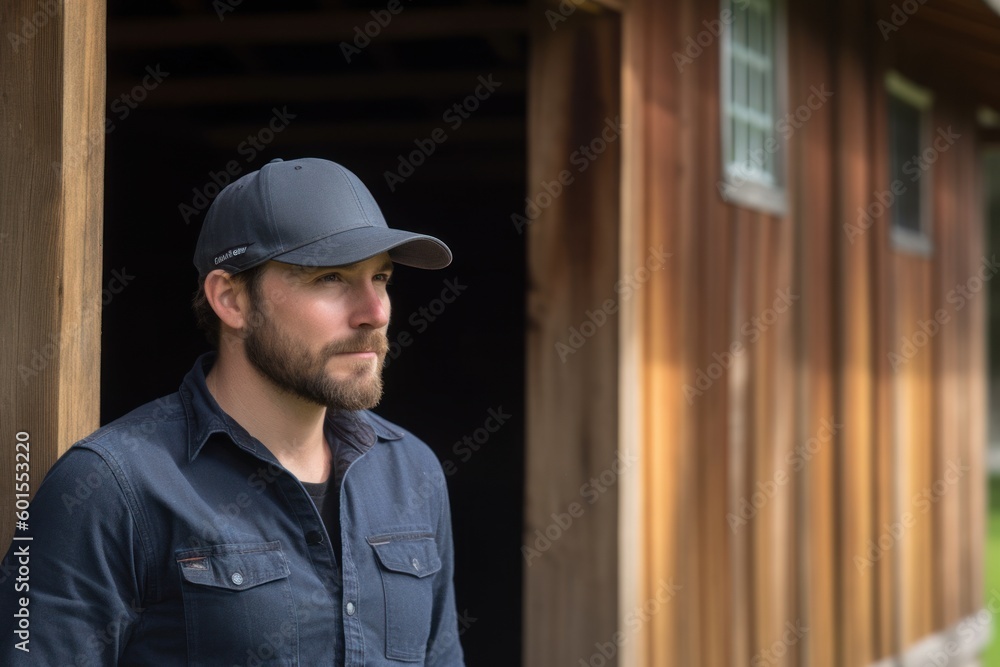 Portrait of a young worker standing in front of a log house
