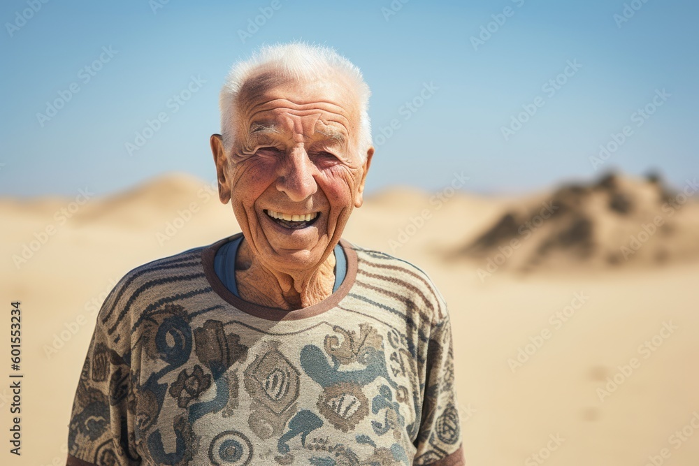Environmental portrait photography of a grinning elderly 100 years old man wearing a fun graphic tee against a sand dune background. Generative AI Environmental portrait photography of a grinning elderly 100 years old man wearing a fun graphic tee against a sand dune background. Generative AI