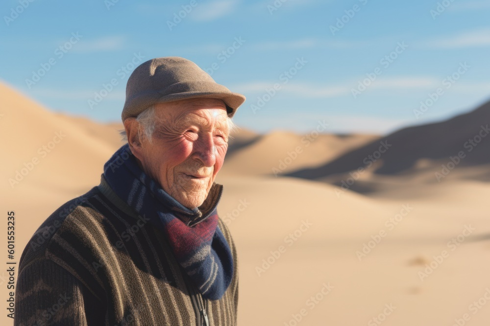 Portrait of an elderly man in the middle of the desert.
