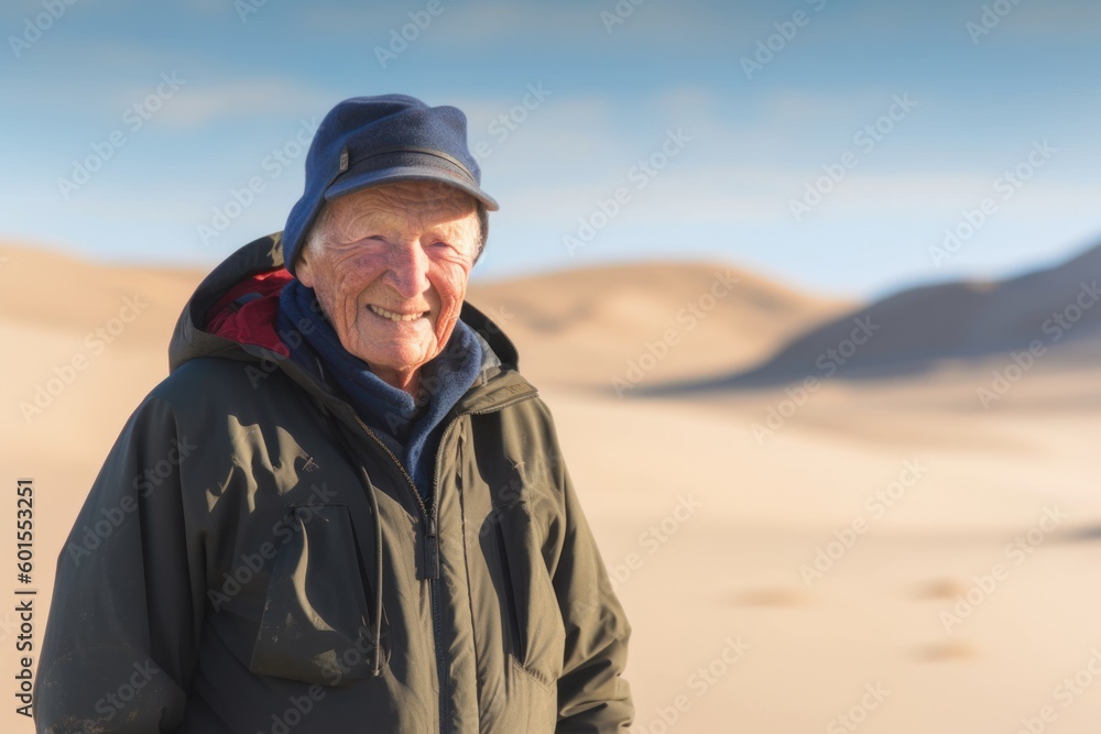 Portrait of an elderly man standing in the middle of the desert