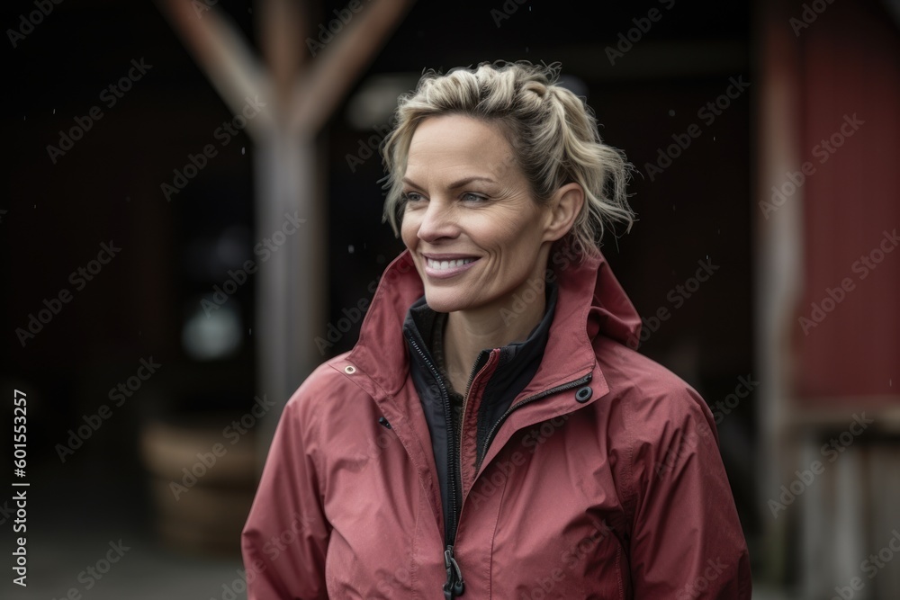 Portrait of a smiling woman in a red jacket in the rain