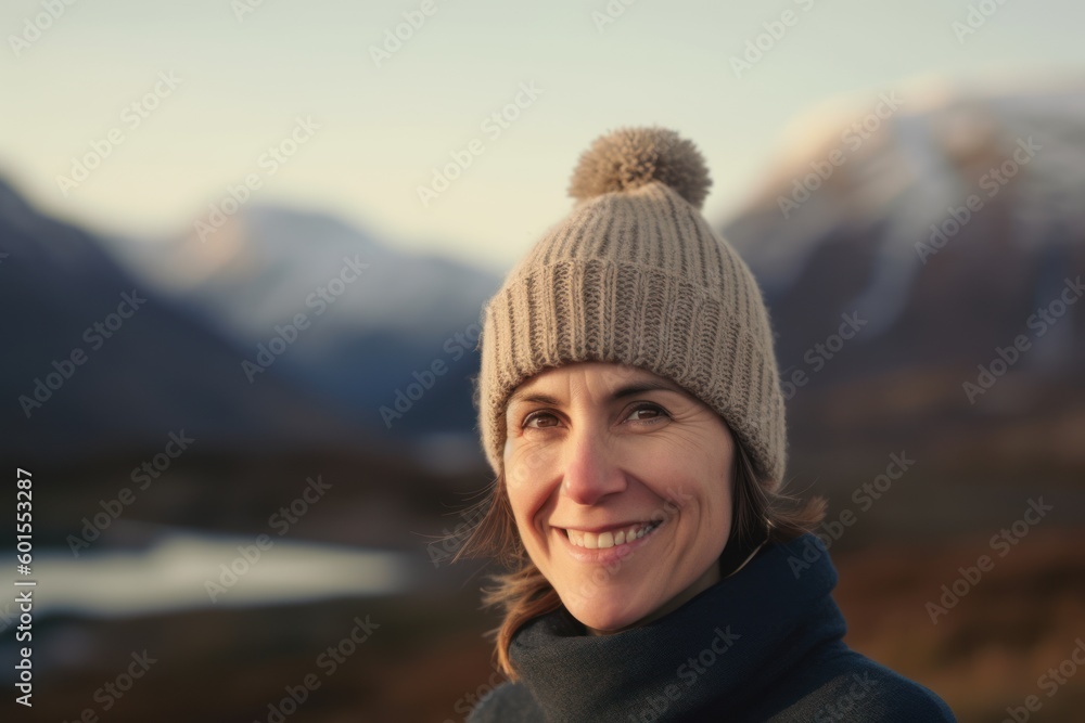Portrait of a smiling woman in a knitted hat on the background of mountains Portrait of a smiling woman in a knitted hat on the background of mountains