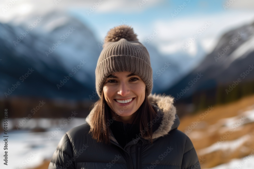 Portrait of a beautiful young woman in the mountains in winter.
