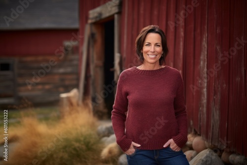 Portrait Of A Mature Woman Standing In Front Of Red Barn