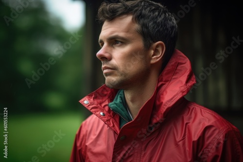 Portrait of a handsome man in a red raincoat looking away.