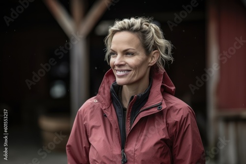 Portrait of a smiling woman in a red jacket in the rain